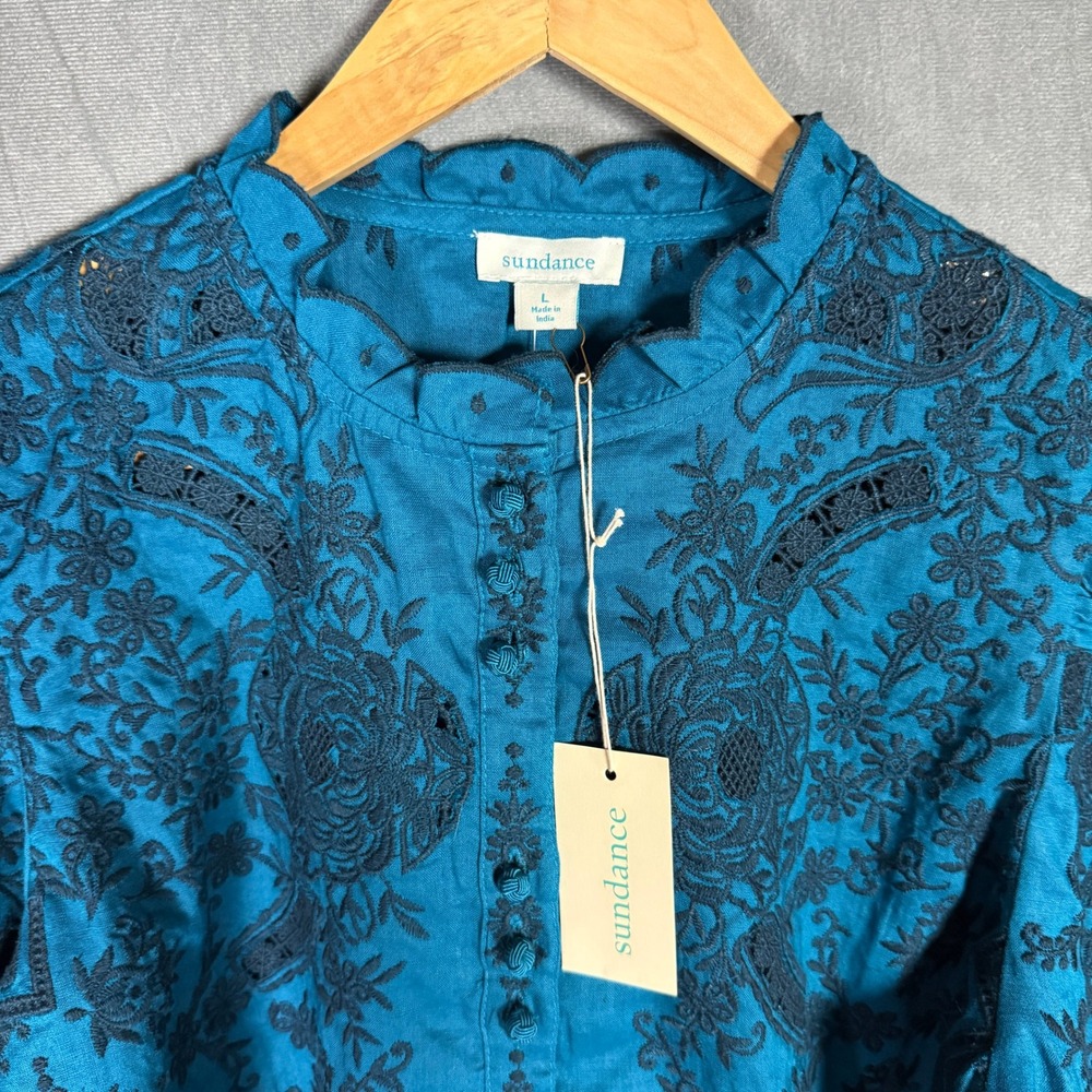 Sundance Top NWT Large Blue Floral Lace Embroidered Eyelet Blouse Whimsygoth - Picture 16 of 16